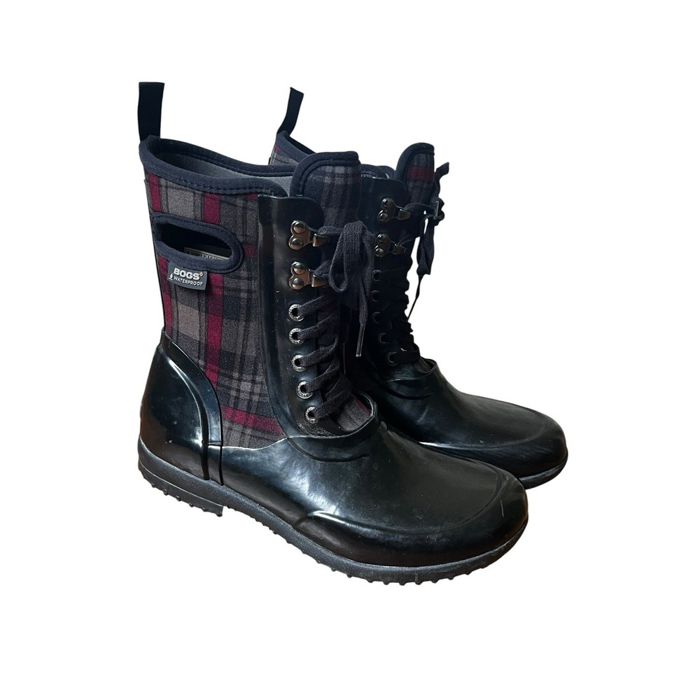 Bogs Waterproof Plaid Lace-Up Mid-Calf Rain Boots Black Red US 8